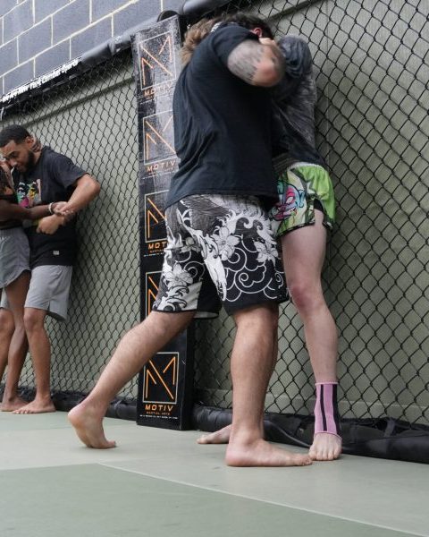 Partners working the clinch against the cage